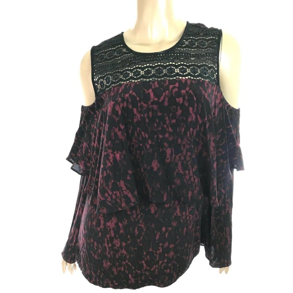Yigal x Aqua Top Blouse Cold Shoulder Red/Black Long Sleeve Tiered